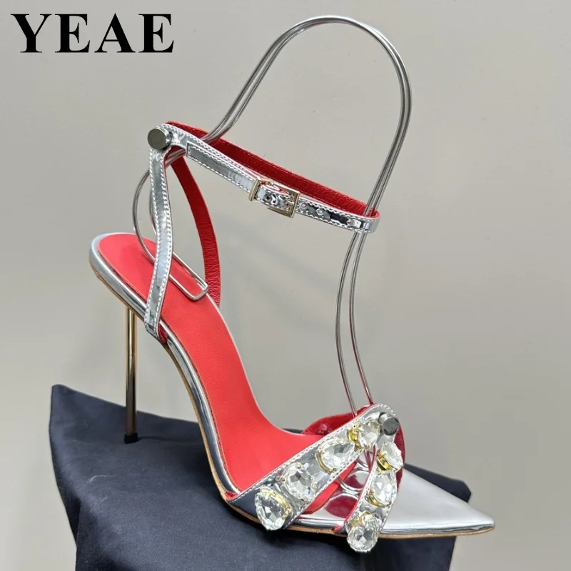 

Sexy Rhinestone Ankle Strap Sandals Women Party Nightclub Stripper High Heels Ladies Crystal Diamond Pointed Toe Wedding Shoes
