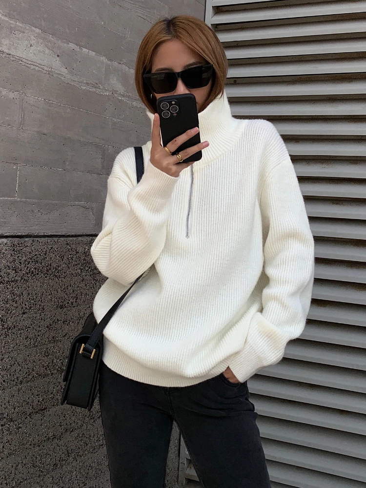 S5d71174595e64c2895ba5c17b626ae48H Winter Women's Turtleneck Knitted Fashion Zippers Sweaters Oversized Solid Gray Black Casual Long Sleeve Pullovers for Women Mallzona