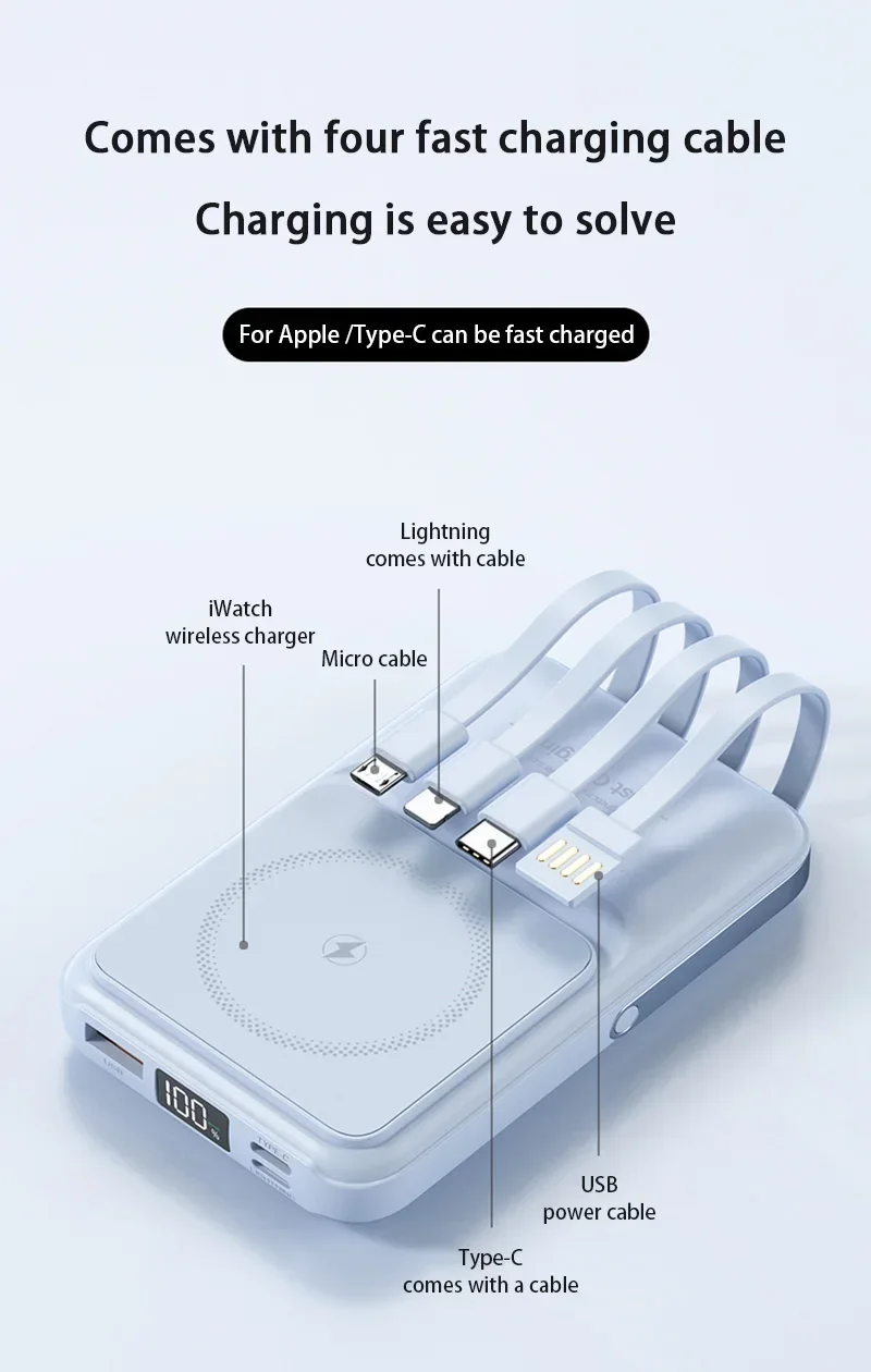banco de energia magnetico inalámbrico 2 en 1, batería externa portátil integrada de 4 cables de 50000mAh con soporte para iPhone y Samsung » banco de energia magnetico inalámbrico 2 en 1