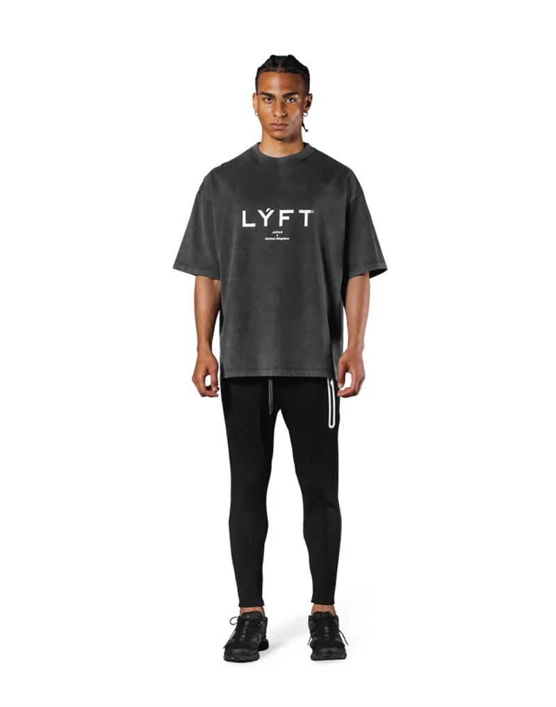 LYFT Washed Classic LOGO 230GSM Baumwolle Vintage BIG T-SHIRT Herren Übergroße Muskelsport Fitness T-Shirts Gym Training Shirts – Detail 5