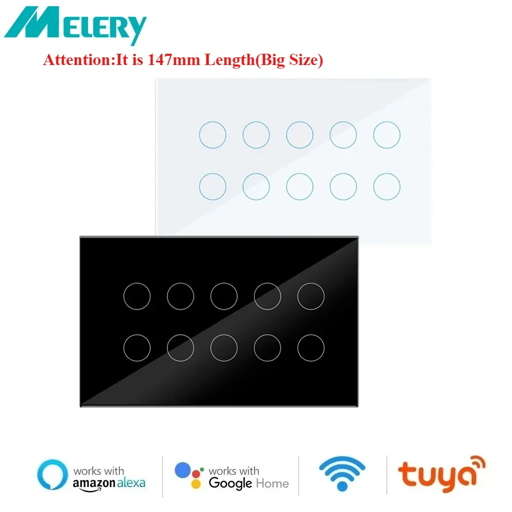 Melery Smart Life WIFI Light Wall Switch Touch 8/10Gang แผงกระจก, Remote Voice Control Tuya Alexa Google Home Assistant 1