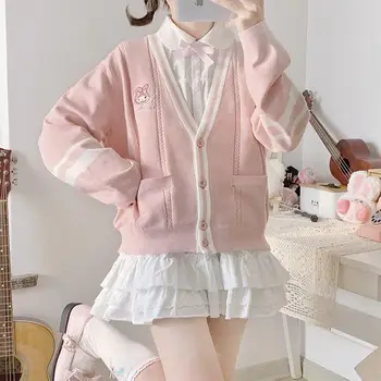 Kawaii My Melody Embroidery Knitted Sweater Women Sanrios Kittys Cartoon Cinnamoroll Kuromi Y2K Girl College Style Cardigan Coat 1