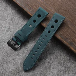 Vintage Genuine Crazy Horse Leather Watch Strap - Retro Porous Design in Multiple Sizes - 22mm (Blue)