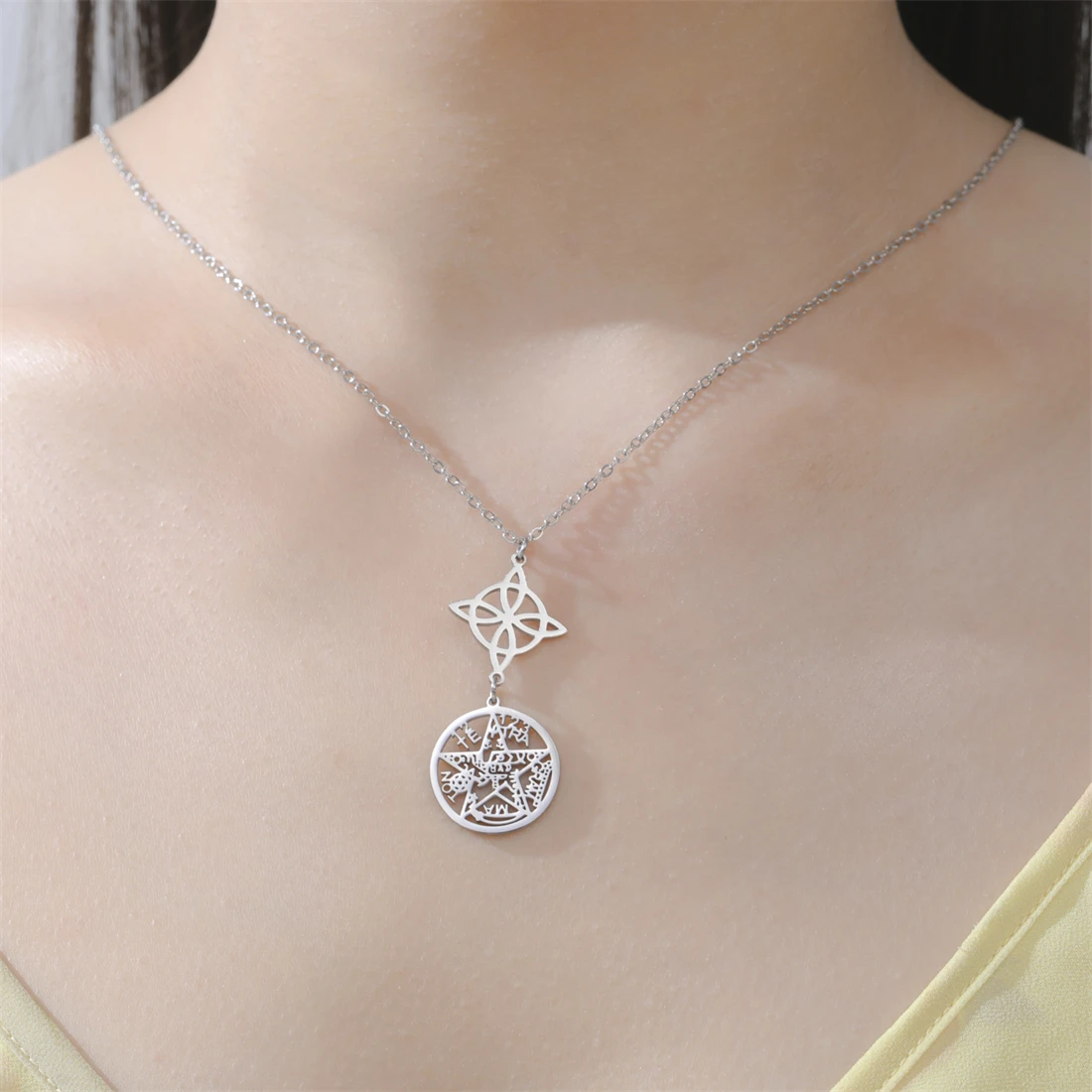 Wicca Stainless Steel Pentacle/Witches Knot Necklace