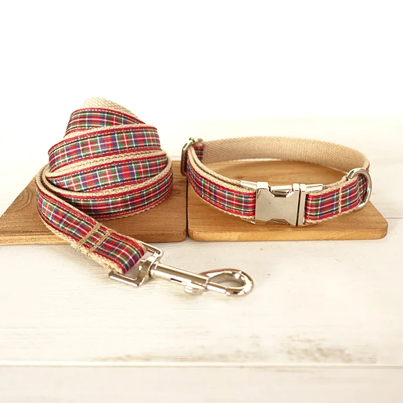 Dog Collar Personalized Pet Collar Scottish Plaid Puppy Cat Name ID Tag Adjustable Collars Lead Leash Free Engraving