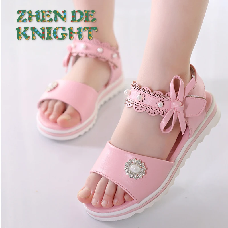 2022 Newest Girls Sandals Beads Hollow Soft Bottom Children's Sandals Bow Summer Student Princess Sandals White Pink Size 26-36