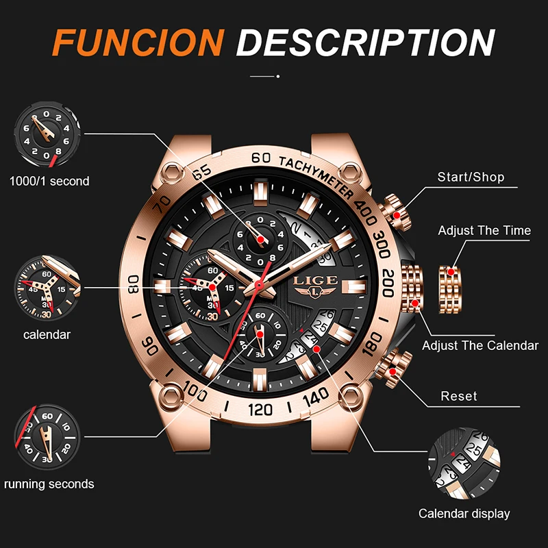 LIGE Mens Watches Top Brand Luxury Silicone Military Watch For Men Fashion Big Dial Waterproof Quartz Chronograph Reloj Hombre