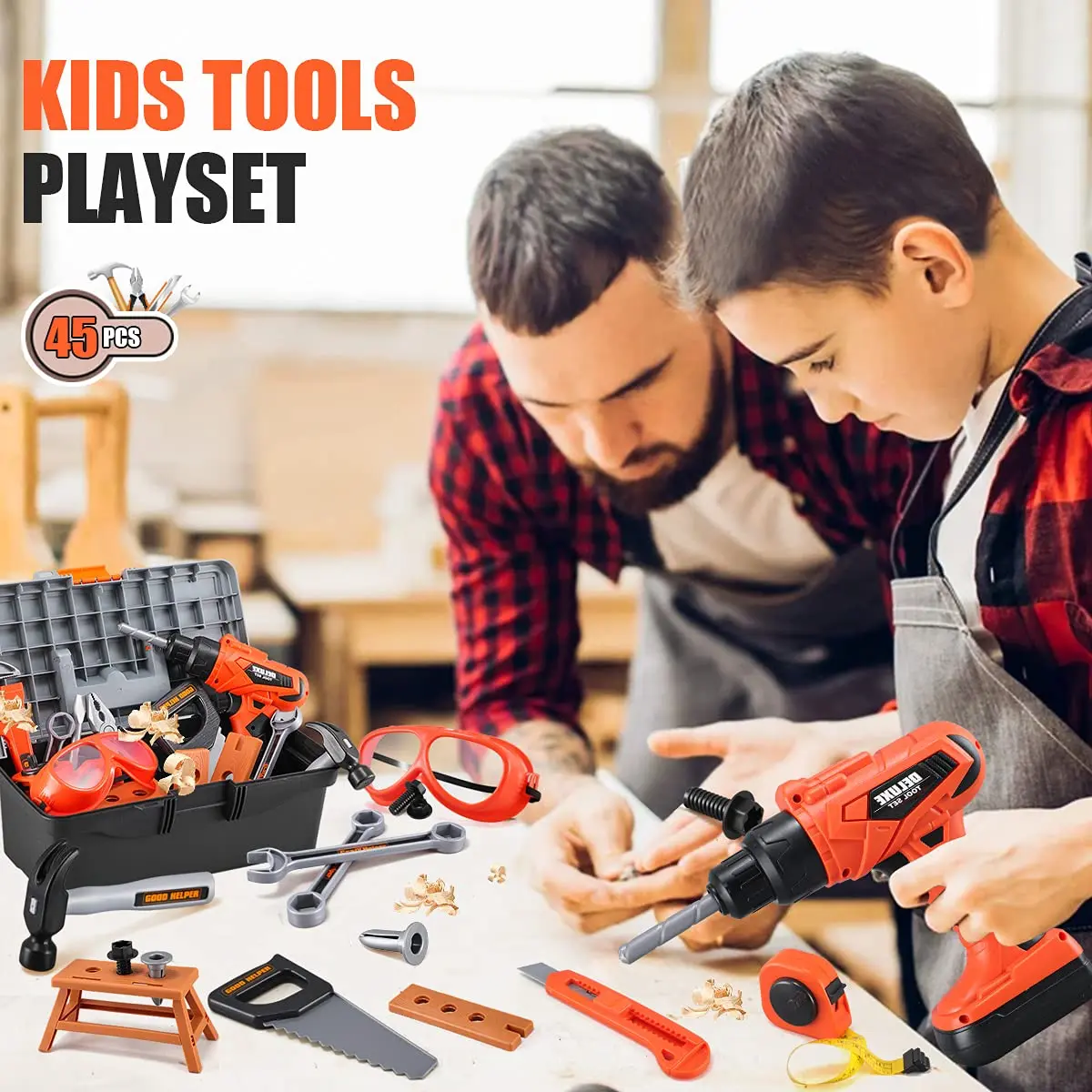 44-Piece Set Pretend Play Tools Toy Kit with Electric Drill Building Tools Toy Box for Kids Boys And Girls with Chair