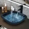 Bathroom Vessel Sink,Bowl Vessel Sink with Faucet and Drain Combo,Blue Tempered Glass Vessel Sink for Bathroom 1