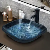 Bathroom Vessel Sink,Bowl Vessel Sink with Faucet and Drain Combo,Blue Tempered Glass Vessel Sink for Bathroom 1