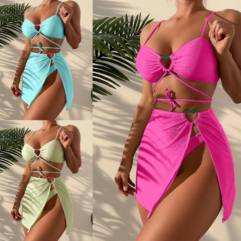 

Heart Ring Linked Bikini Set 3 Pieces Swimsuit Beachwear Backless Lace Up Bathing Suits with Sarongs Cover Up for Women biquini