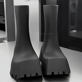 남녀공용 사각 토 두꺼운 밑창 레인 부츠, 미끄럼 방지, 방수 작업복 부츠, 브랜드 디자인, 커플 신발, 새로운 패션