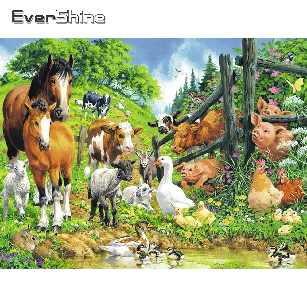 EverShine Full Square Diamond Painting Horse 5D Embroidery Cow Farm Cross Stitch Mosaic Animal Decor For Home