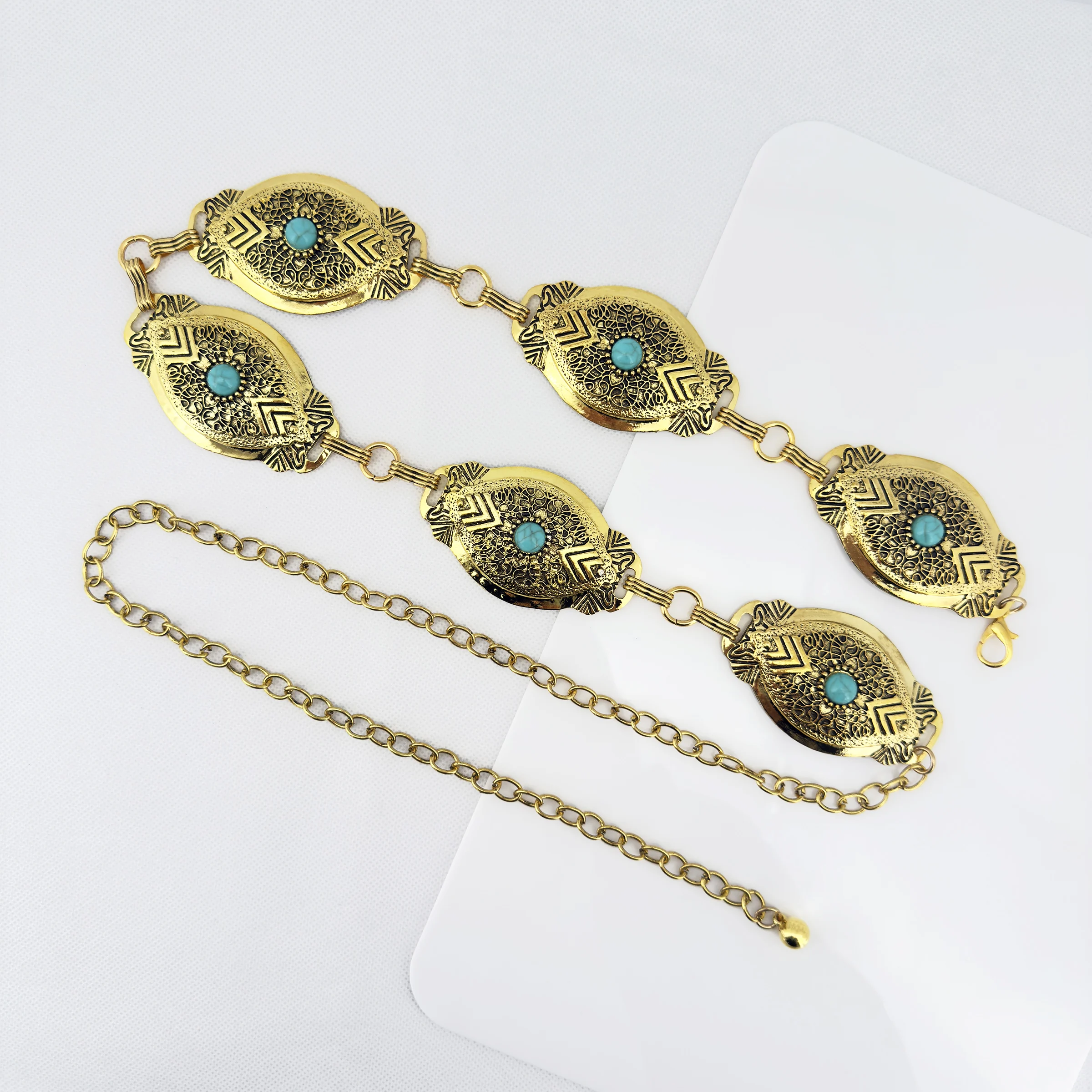 1 Bohemian Fashion Inlaid Green Pine Oval Alloy Damen Multifunktionale Taillenkette Hosenkette Dekoration – Detail 4