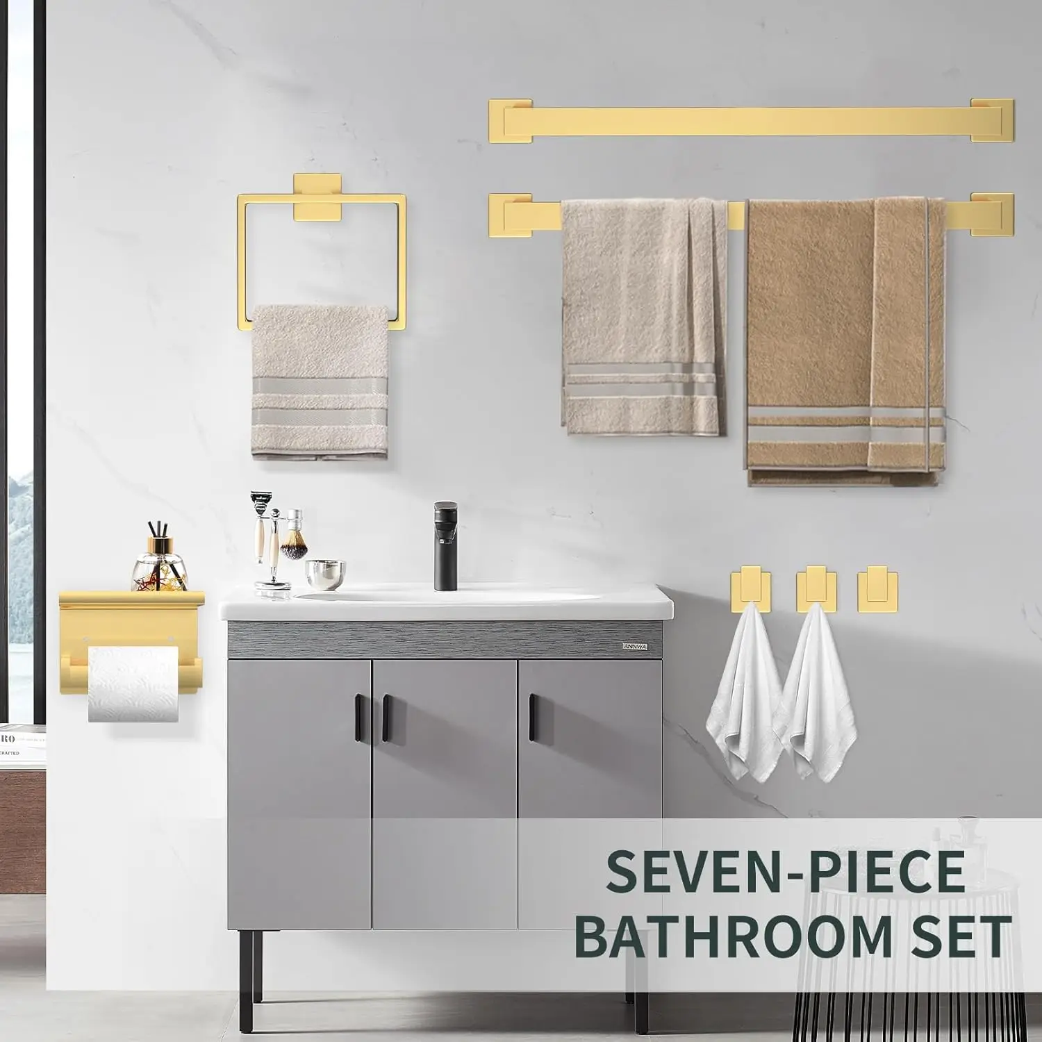 7 Piece Gold Bathroom Hardware Set with Brushed Gold Bathroom Accessories-Square 2 Towel Bars Towel Rack Stainless Steel