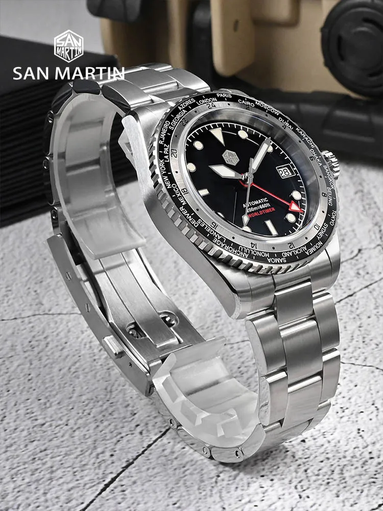 San Martin Men Diver Watch World Time Bezel Sports Luxury NH34 GMT