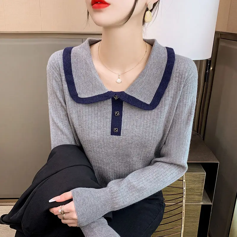 

Spring Autumn New Fashion Contrast Color Sweet Chic Slim Knitted Sweater Women Casual Long Sleeve Pullovers Top Jumpers Clothing