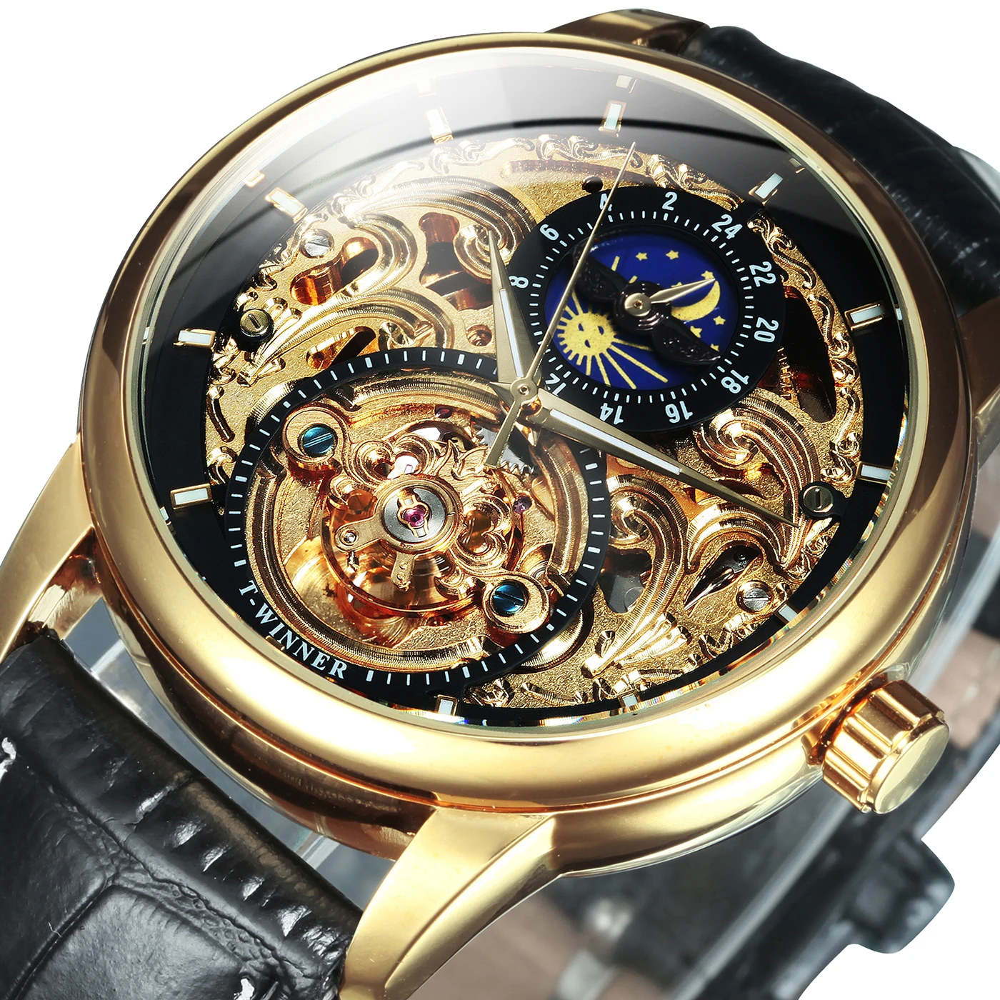 

WINNER Gold Tourbillon Skeleton Automatic Watch for Men Luxury Moon Phase Luminous Hands Leather Belt Retro Mechanical Watches