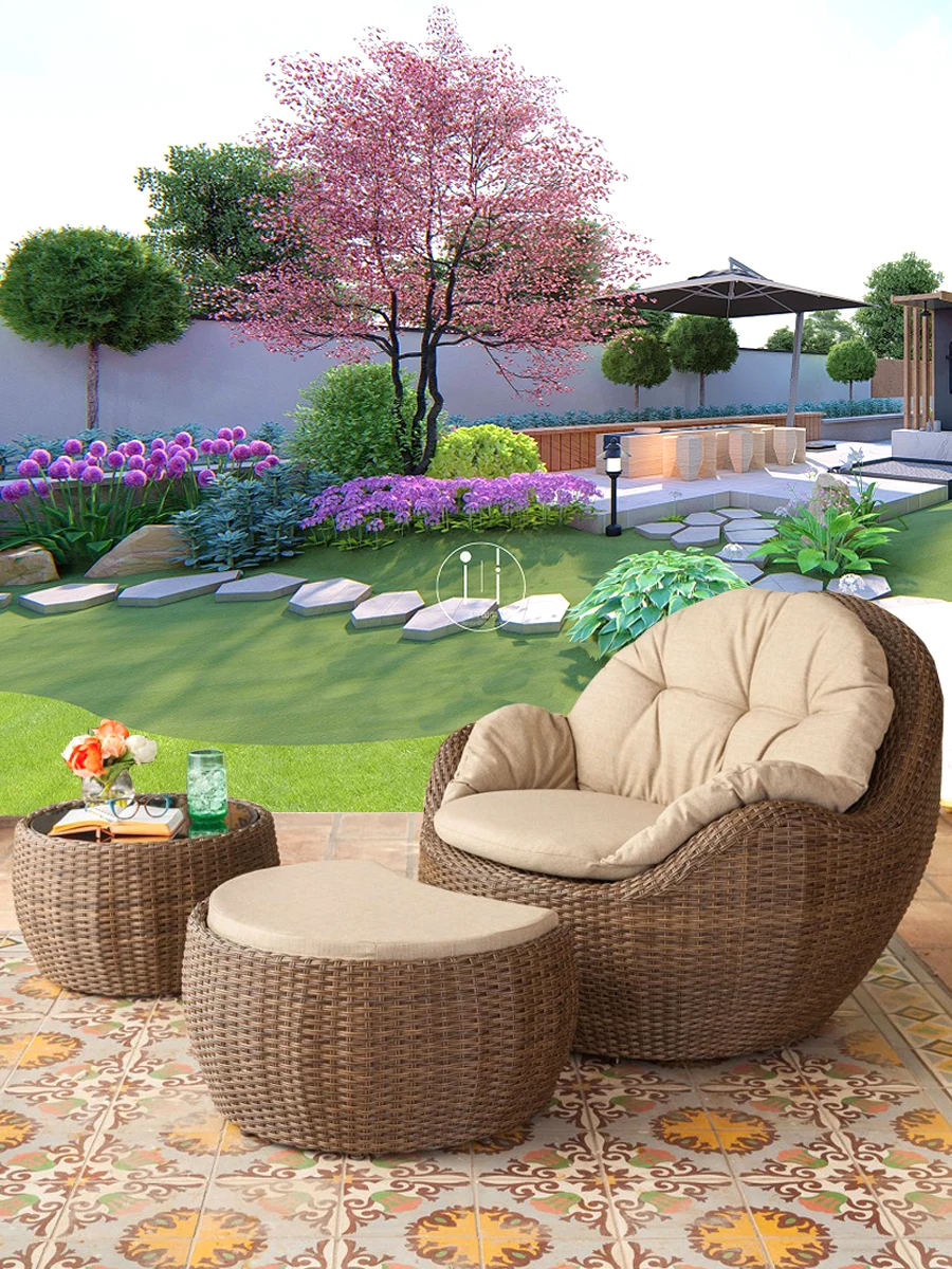 

Three piece set of outdoor furniture, rattan chairs, and coffee tables