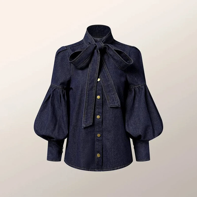 Chic Denim Lace Up Women‘s Shirt Fashion Loose Turn-down Collar Long Sleeve Female Shirts 2024 Sping Pocket Office Lady Top