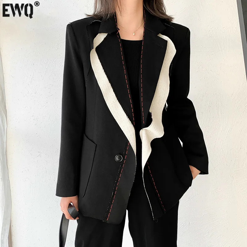 [EWQ] 2022 Spring Women Spliced Hit Color Temperament Blazer New Lapel Long Sleeve Loose Fit Jacket Fashion Ladies Office Coat | Женская