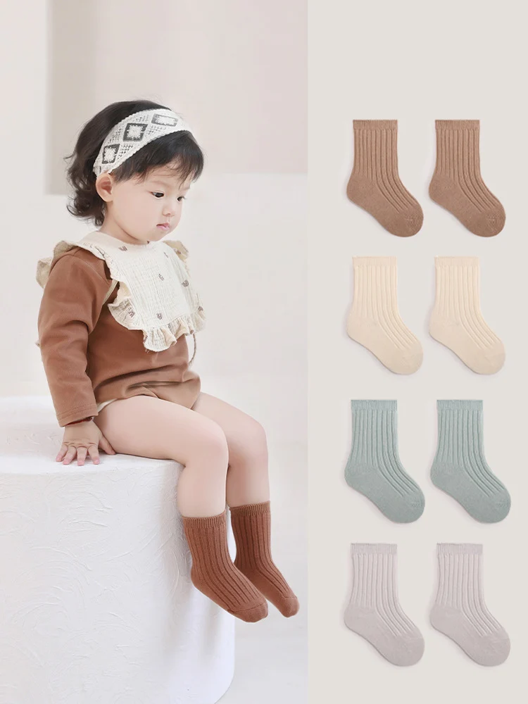Girls Solid Color Mid Tube Socks Autumn Kids Cotton