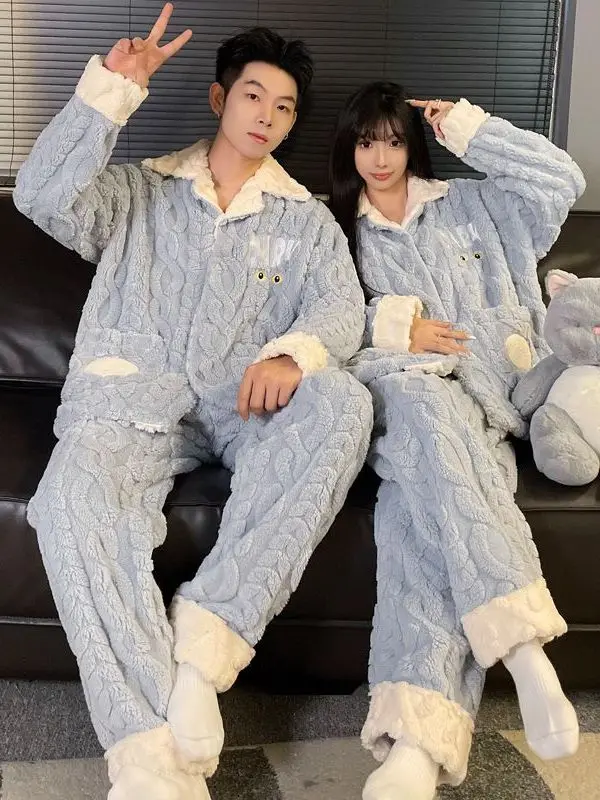 커플 잠옷 산호 양털 두꺼운 플란넬 캐주얼 남성용 대형 사이즈 홈웨어 세트 달콤하고 귀여운 스타일 긴팔 바지