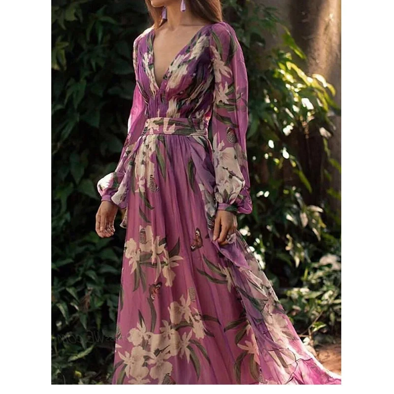 

2022 European and American Summer New Printed Women's Dress V-neck Long Sleeve Big Swing Skirt Dresses for Women Dress Red