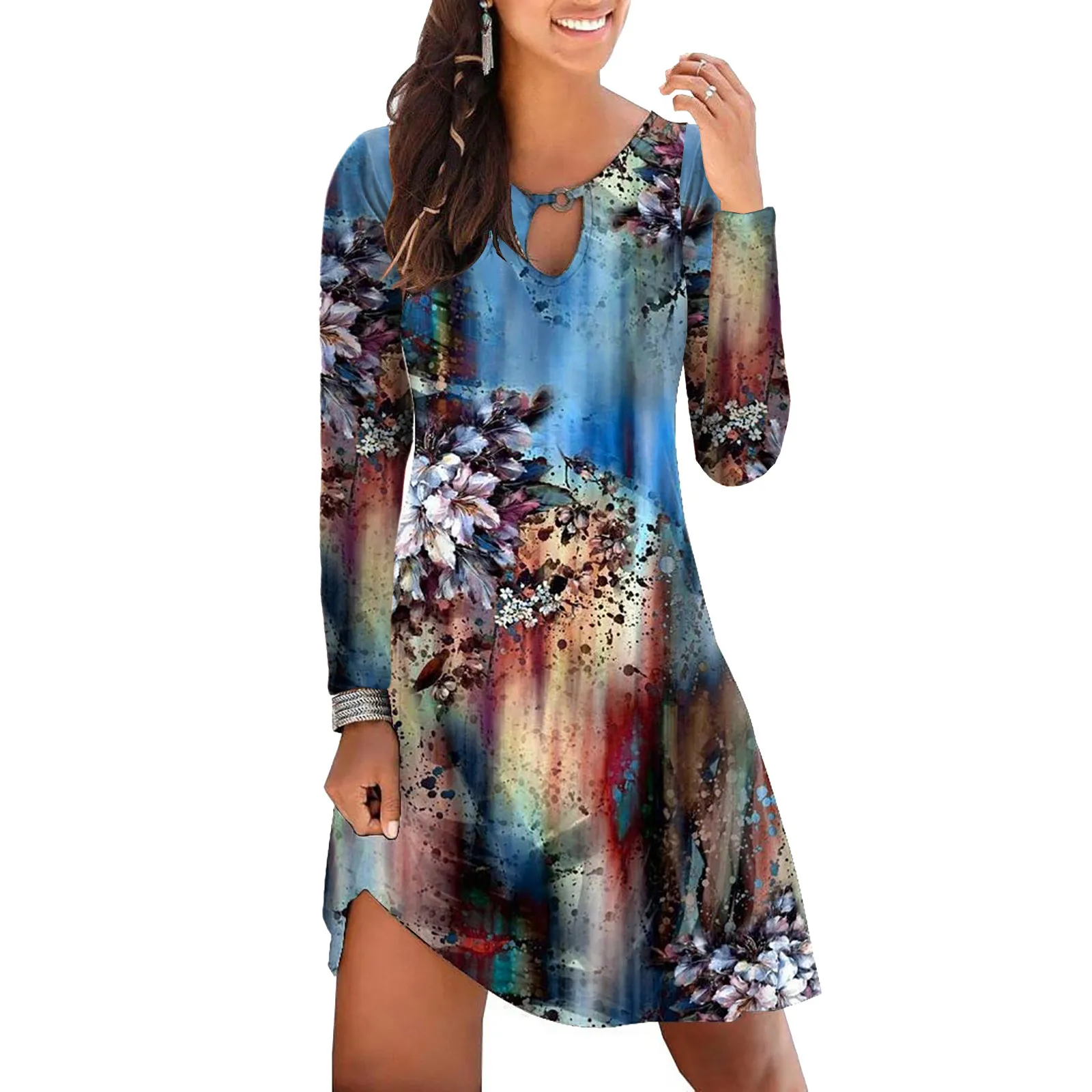 

Women's Fashionable Lock Hole Casual Sweet Retro Printed Round Neck Long Sleeve Dress With Pockets Maxi Floral Dress for Women