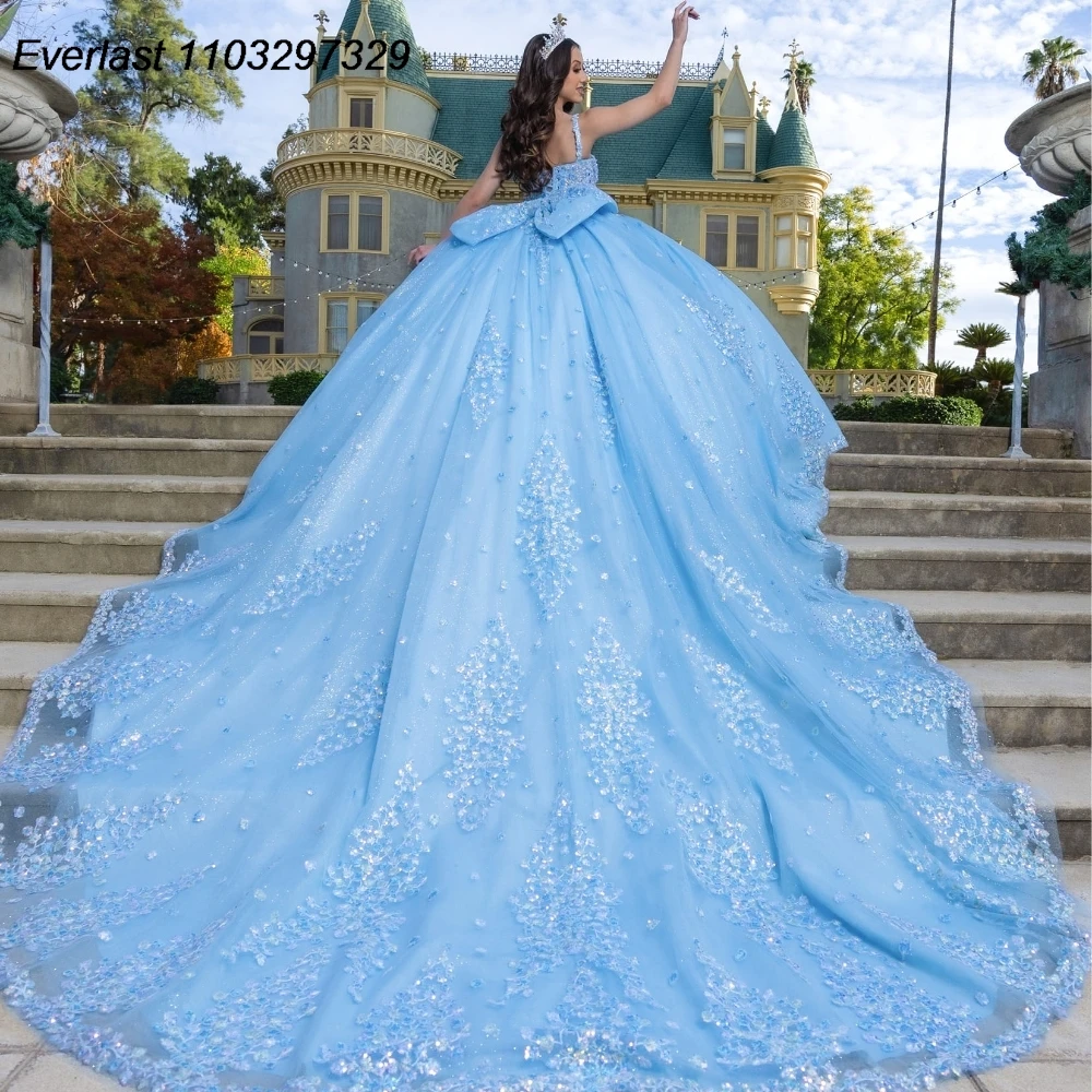 EVLAST Pink Quinceanera Dress Ball Gown Lace Applique Beaded Crystal Bow Sweet 16 Vestido De 15 Anos E1Q04