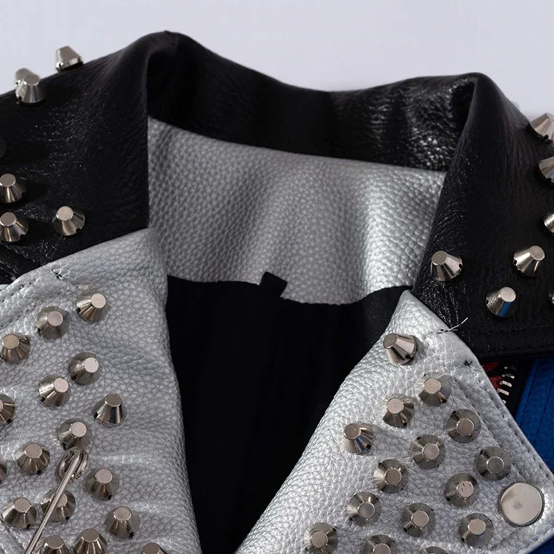 Punk Rivets Cropped Leather Jackets Women 2024 Trend Streetwear Graffiti Print Contrast Faux Leather Motorcycle Jacket