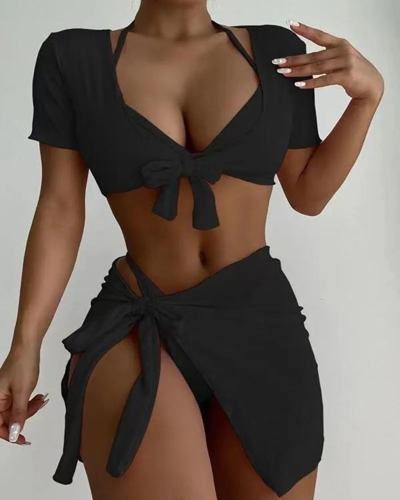 New Textured Floral Gathered Tie-up Bathing Suits Four-piece Set Short Sleeve Swimwear Women Beach Cover Up Skrit Swimsuit