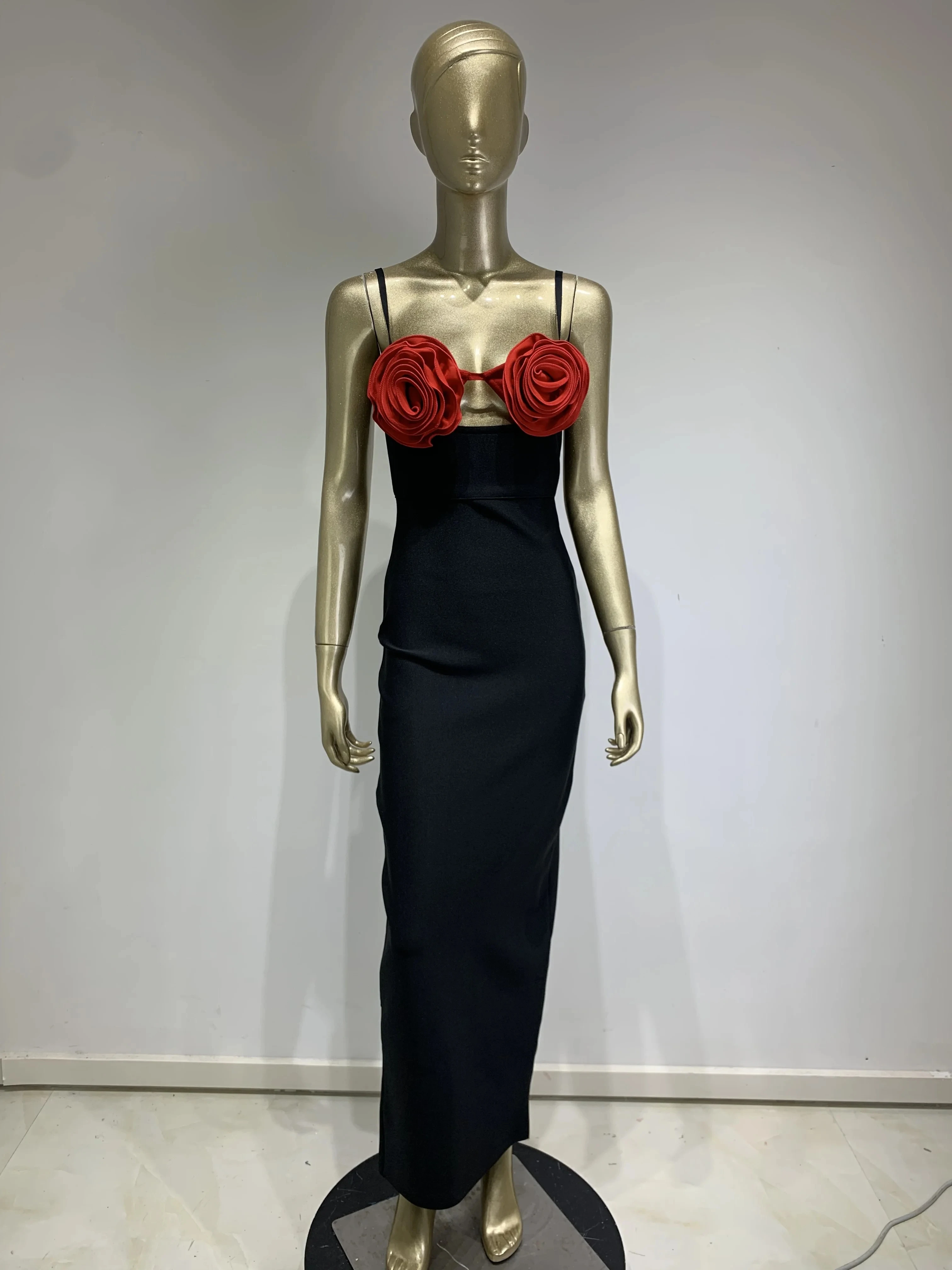 Women Celebrity Sexy Sleeveless White Red Flower Black Maxi