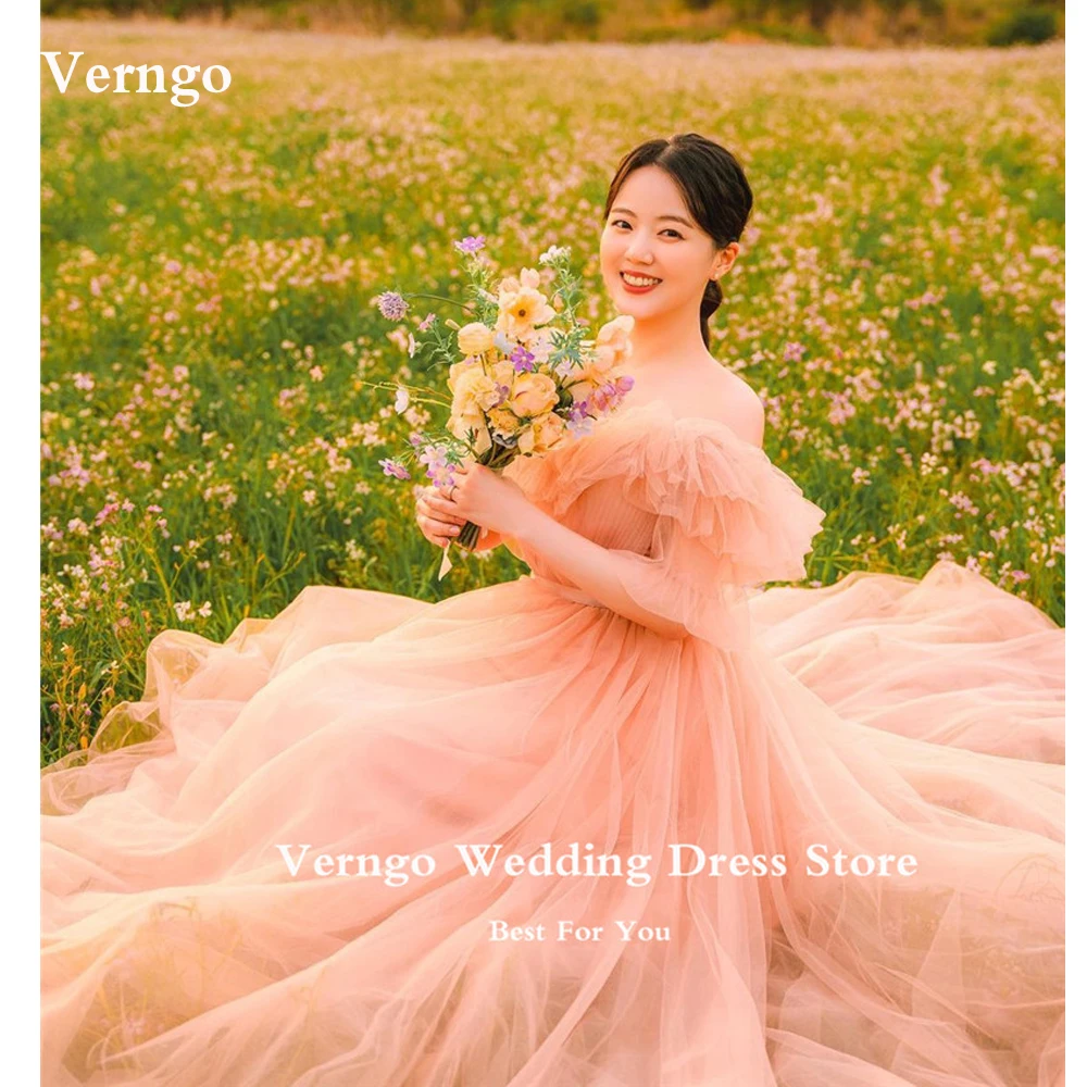 

Verngo Elegant Off the Shoulder Blush Pink Tulle Long Prom Dresses Sleeves Korea Lady Party Bride Dress Evening Gown Mariage