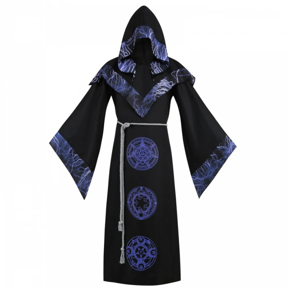 Capa medieval con capucha para hombre, disfraz de hechicero pagano, bruja y mago con estampado dorado, para Halloween, carnaval, fiesta, túnica gótica
