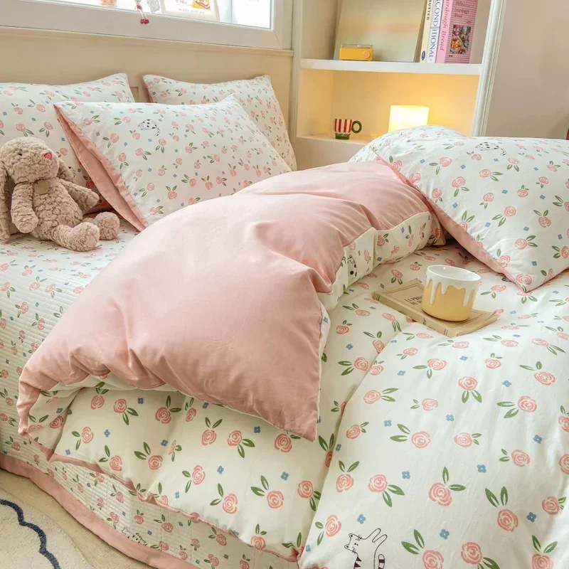 Plant Floral Duvet Cover 3 Piece Set, Cute Cartoon Cat Pattern Bedding Set, Women Kids Girls Bedroom Decorative Pink Quilt Cover 5