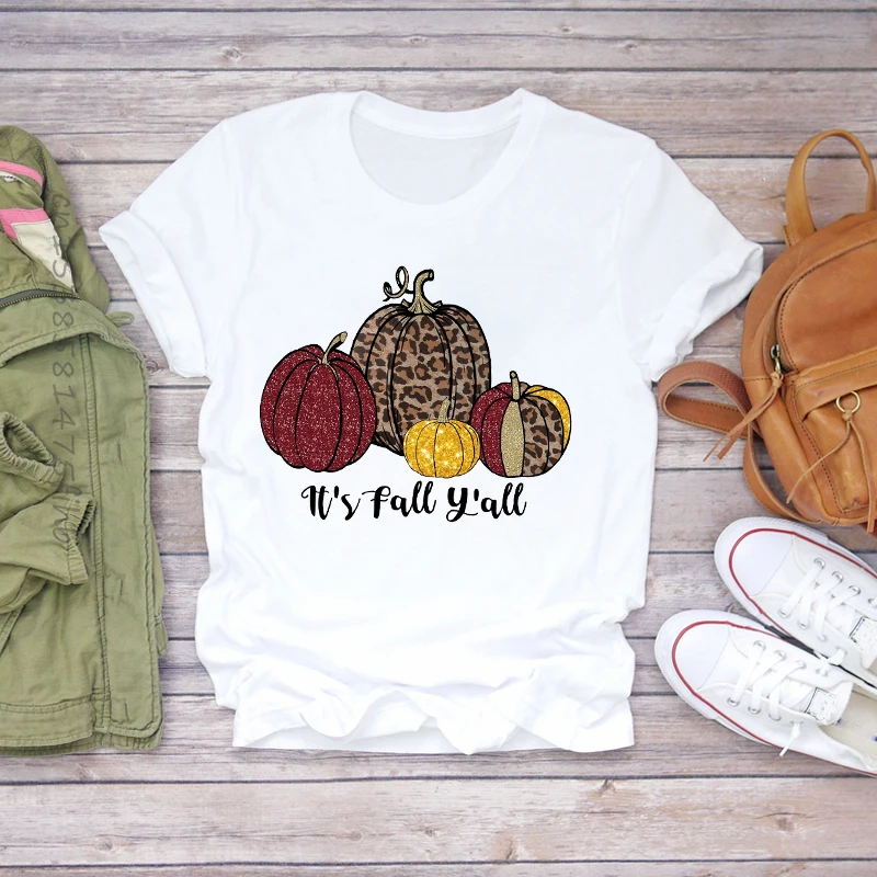 

Premium Women Autumn Leopard Pumpkin Fall Thanksgiving Halloween Lady Womens Graphic T T-Shirts Top Shirt Female Tee T-Shirt
