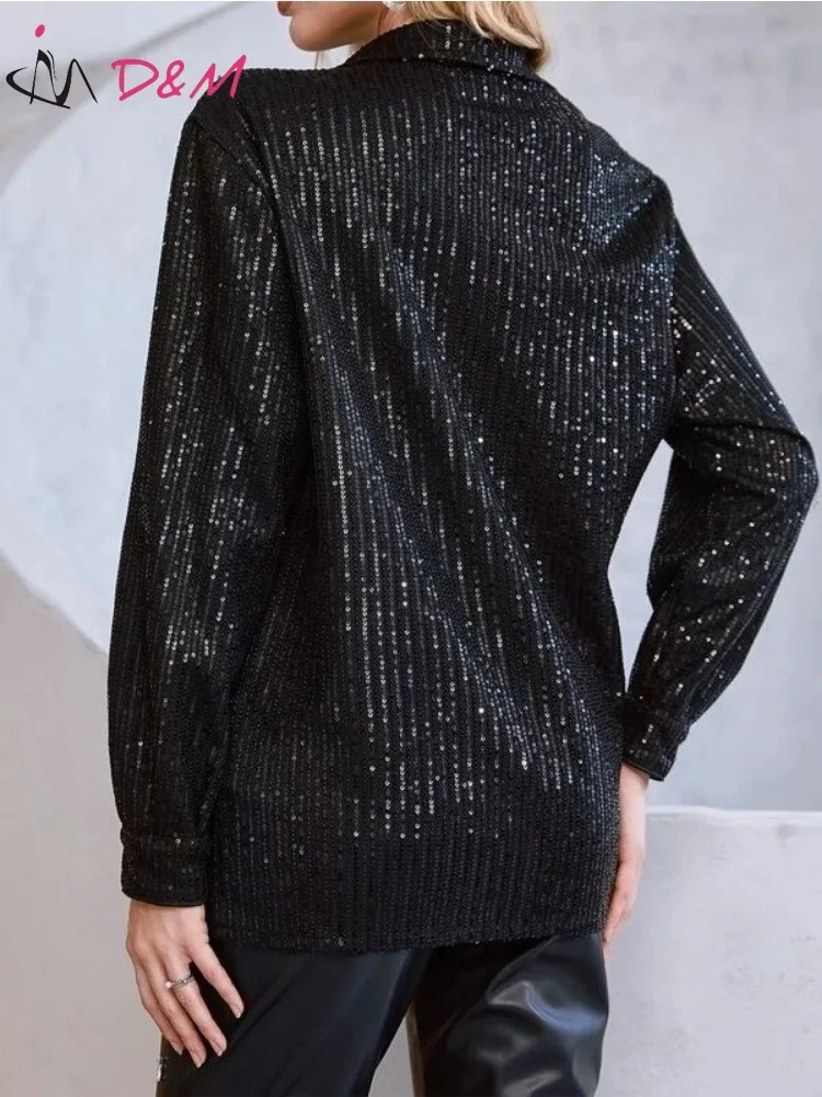 D & M-Women's Sequined Drop Shoulder Shirt Suits, Women's Blouse, Ready-to-wear Dresses, Black, Pink, Fashion, Brand, 2023