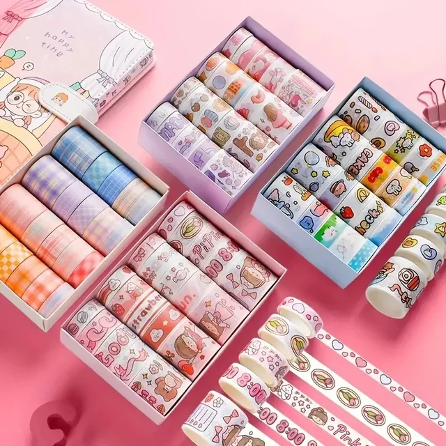 20 Rolls Boxed Kawaii Washi Tape Set, Cute Cartoon DIY Masking Tape, Grid Sticky Note Paper for Scrapbooking & Journaling 1