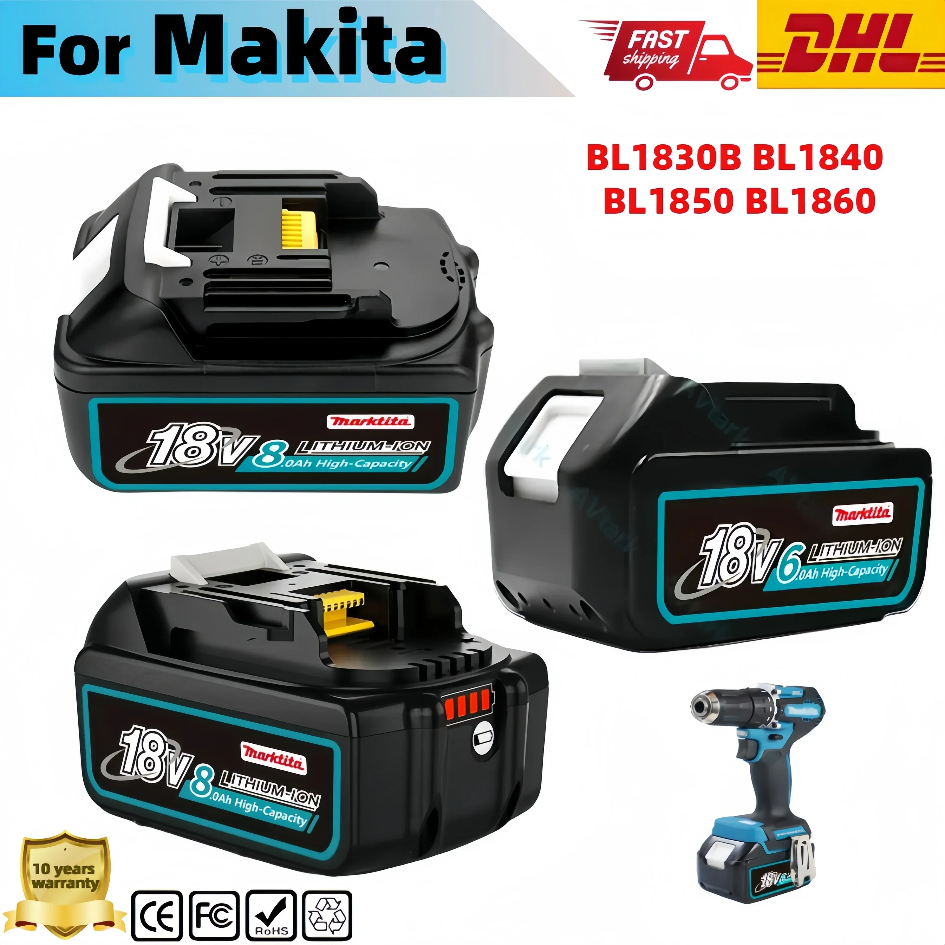 

Original BL1830 18V 6000mAh Battery and Charger for Makita 18V Battery Rechargeable Replacement BL1840 BL1850 BL1860 BL Tools