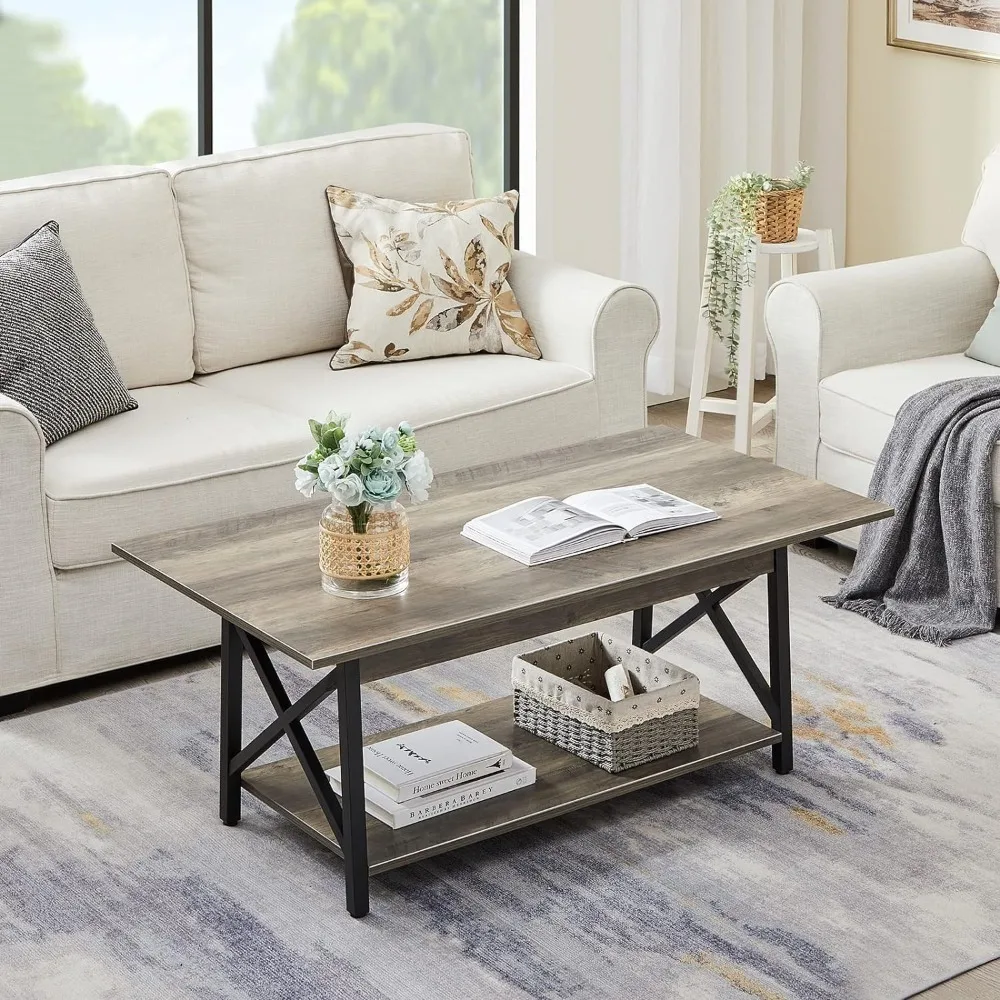 Coffee Table with Storage, 39inch Modern 2-Tier Coffee Tables for Living Room, X-Frame Design Farmhouse Coffee Table Space 2