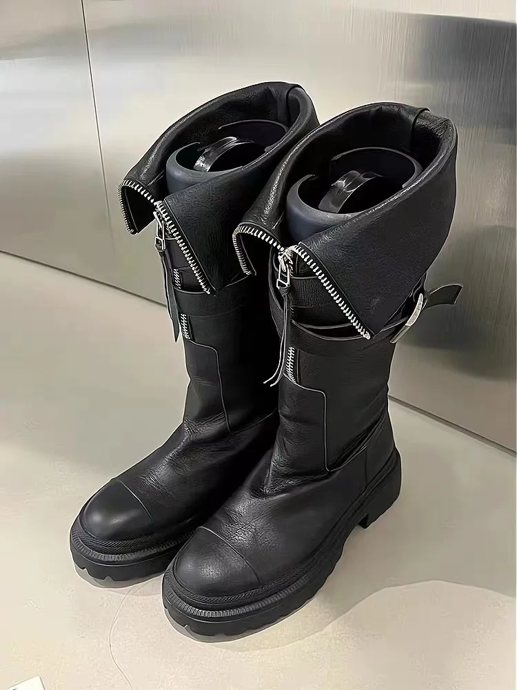 

2023 Knee Length Boots Women's Martin Boots Belt Buckle Thick Soled Motorcycle Rider Boots High Sleeved Fashion Boots
