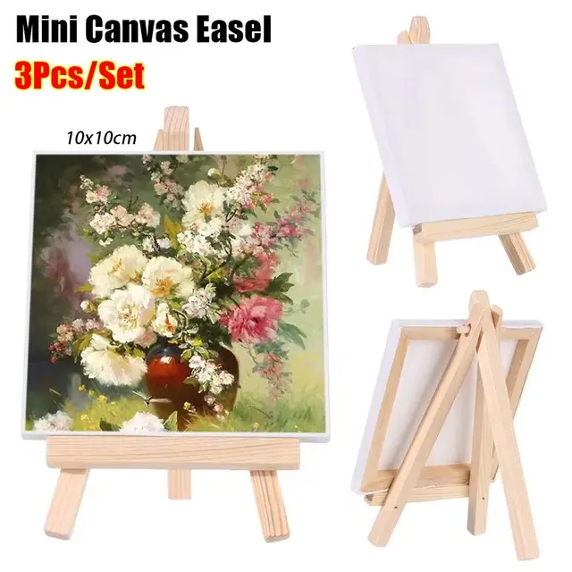 3Pcs Blank Mini Canvas Easel Set Small Tiny 10x10cm Painting Easel Wooden Frame Multifunctional Drawing Decoration Board 1