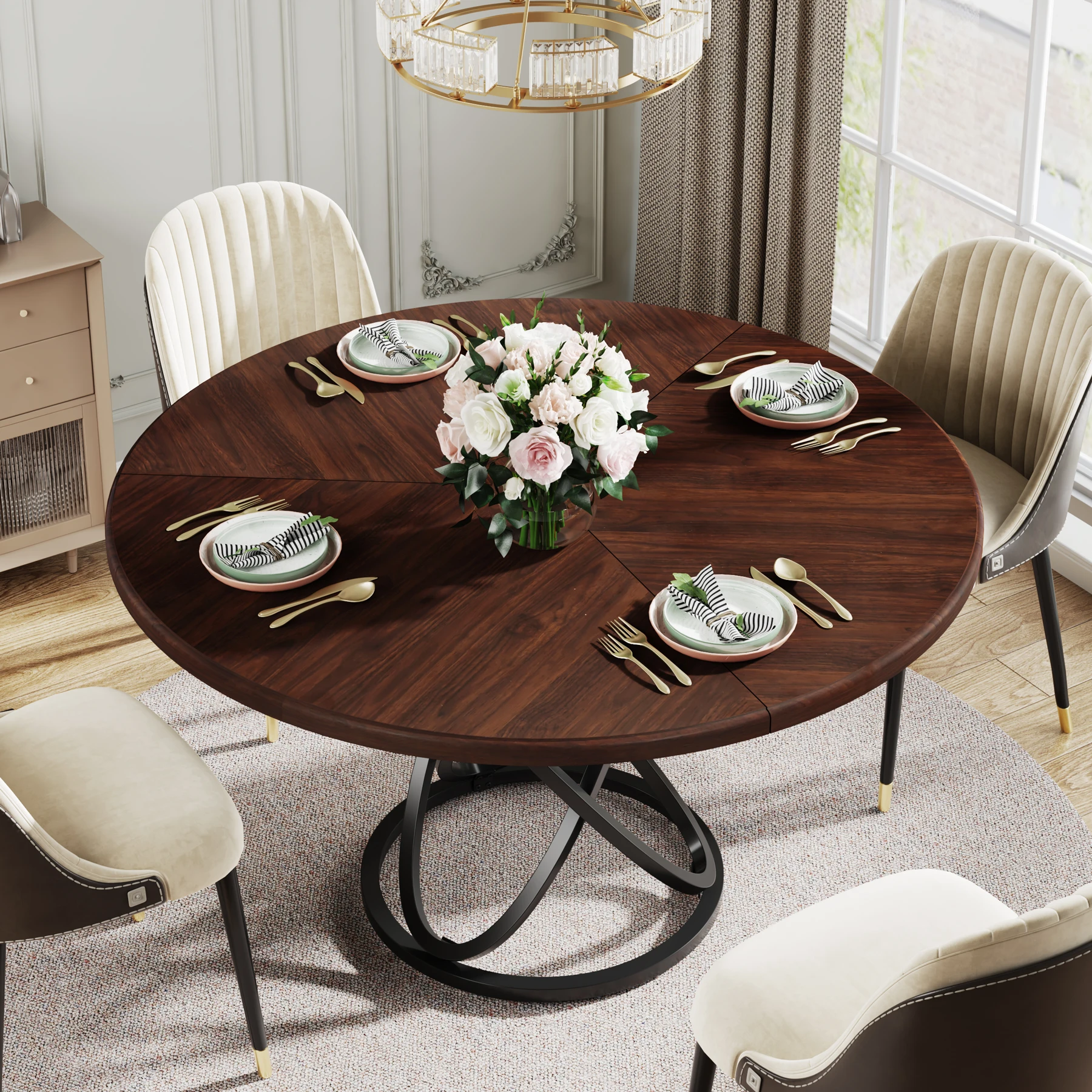 Tribesigns Round Dining Table for 4, 47 Inch Dinner Table Circle Kitchen with Metal Base, Wood Dining Room