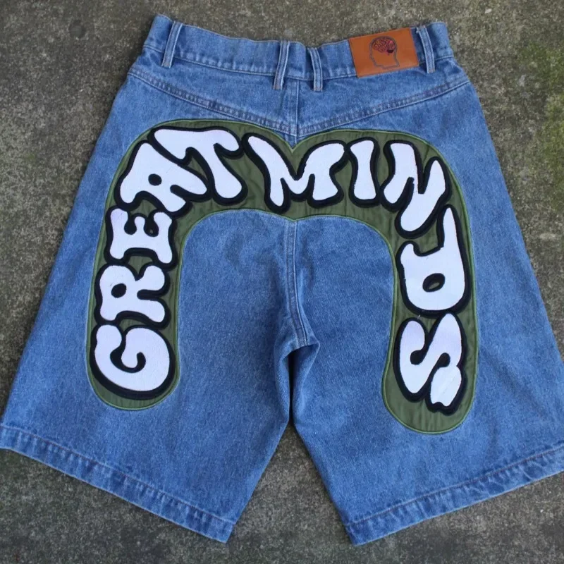 Summer colorful lettered denim shorts men's Japanese fashion brand straight loose sports five-quarter pants mid-pants