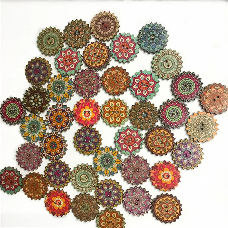 Round Wooden Buttons for Crafts, Decorative Buttons, 2 Holes Pattern, Handmade DIY Sewing Accessories, 15-25mm, 50Pcs