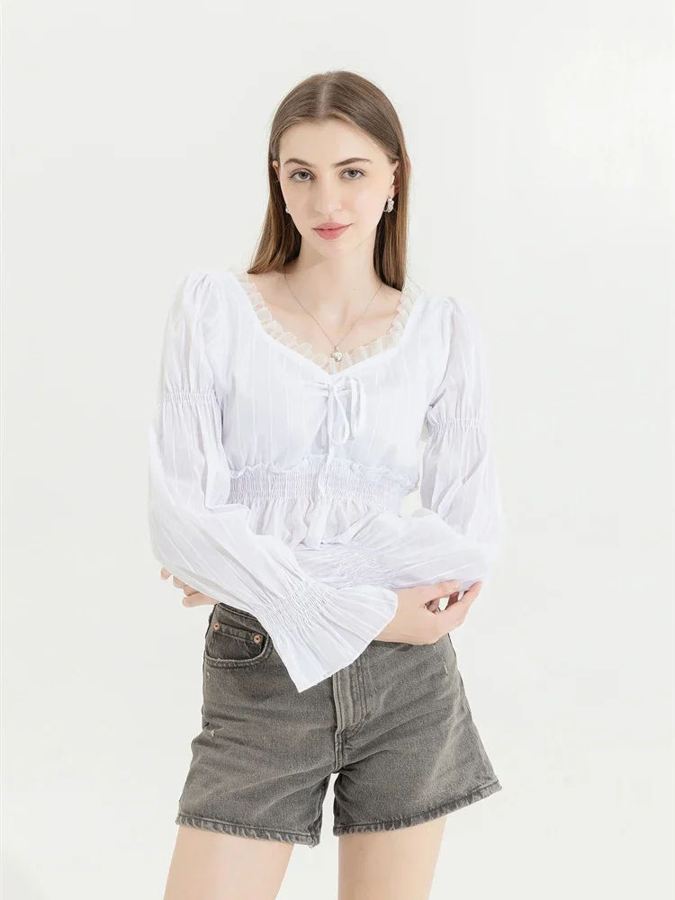 Women's Spring French Folded Lantern Long Sleeved Shirt New Fashion Vintage Unique Spliced Lace Shirt Women Square Neck Top
