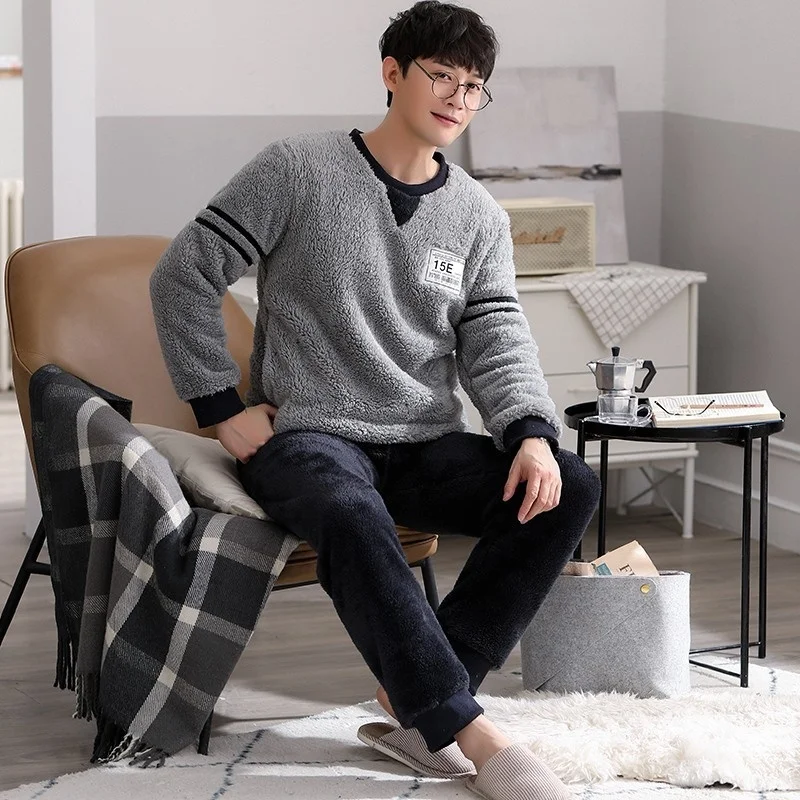 New Coral Velvet Pajamas Men's Winter Long Sleeve  Flannel Thickened Simple Leisure Warm Home Clothes