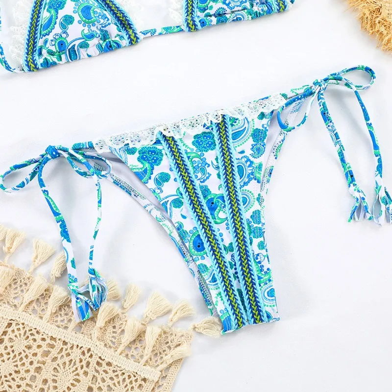 Women's Ditsy Floral Print Cut Out Thong Micro Bikini Set 2 Piece Swimsuits Spaghetti Strap Bathing Suits