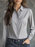 Autumn solid colour long-sleeved versatile shirt lapel satin shirt women - Image 4